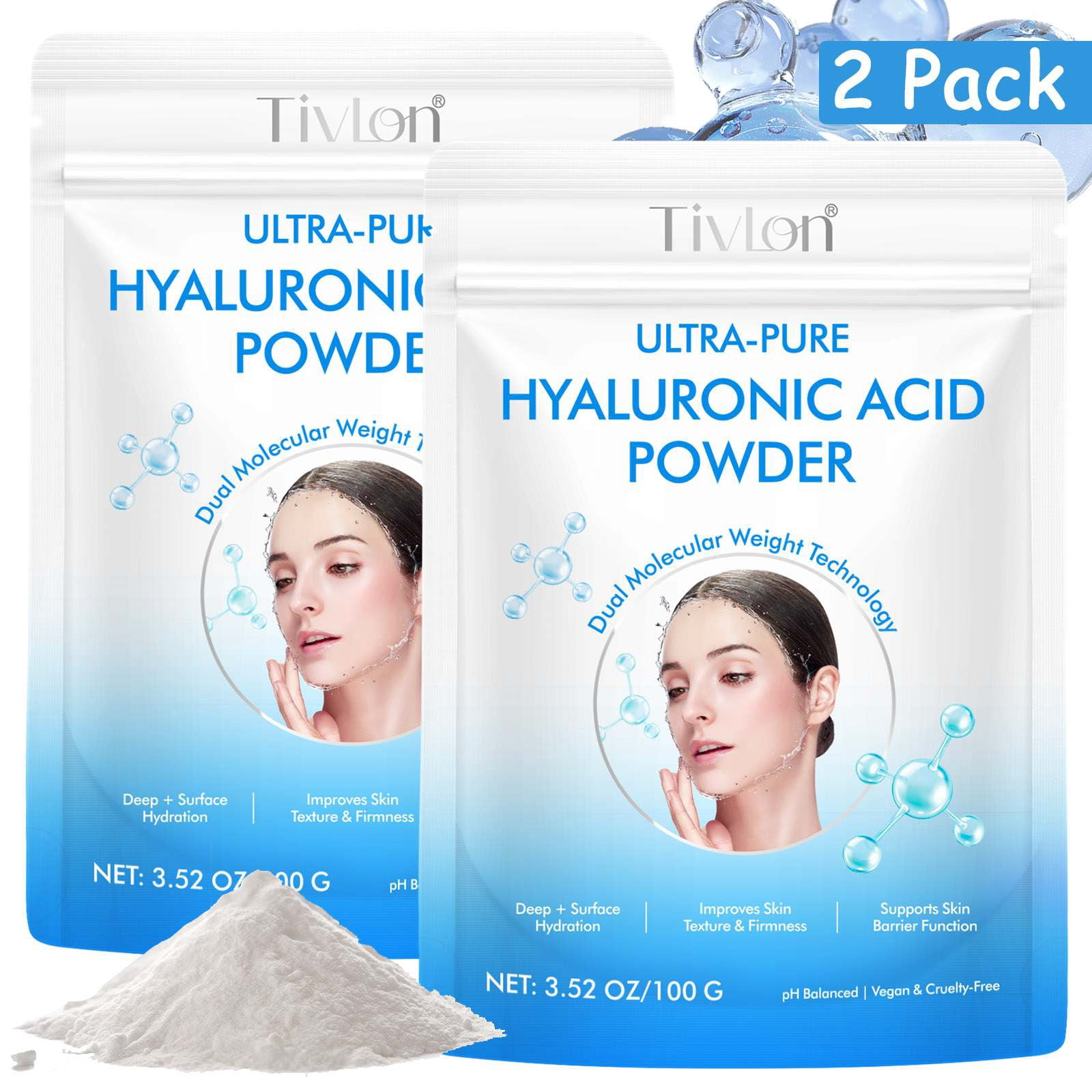 Serum Powder Tivlon, Hyaluronic Acid Serum Powder, 3.52 oz 2 Pack, Deep Hydration ...