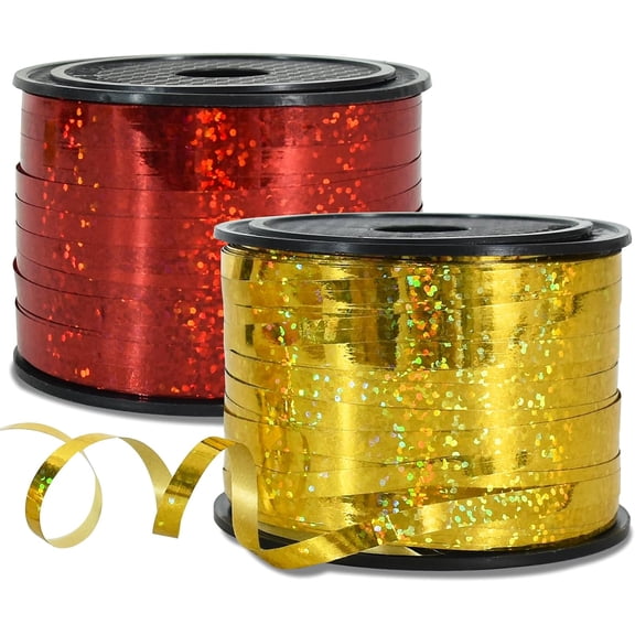 2 Pack 100 Yards Red Gold Ribbon Curling Crimped Glitter Balloon String Shiny Metallic for Gift Wrapping Birthday 2026 Graduation Lunar New Year Christmas Party Decorations