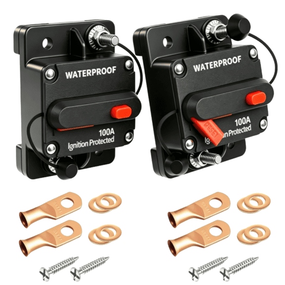 2 Pack 100A Auto Car Stereo Audio Circuit Breaker Fuse, 12-48VDC Manual Reset Switch with Wire Lugs Copper Washer