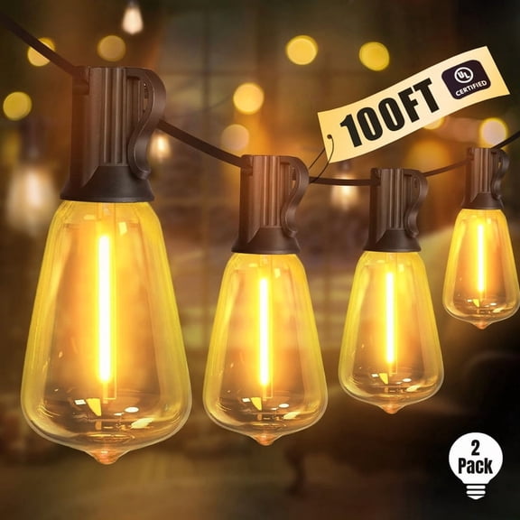 2-Pack 100FT Patio LED String Lights, Waterproof Connectable Design with 52 ST38 Shatterproof Edison Bulbs for Outdoor Holiday Decor