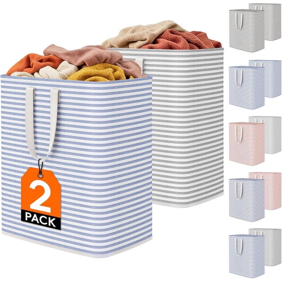 2 Pack 100L Collapsible Laundry Basket with Reinforced Handles Freestanding Waterproof Design Grey and Blue