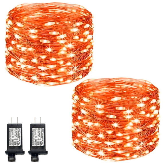 2-Pack 100LED Plug-in Fairy Lights, 33Ft Orange Twinkle Firefly String Lights with Adapter, Starry Lights for Halloween Decoration