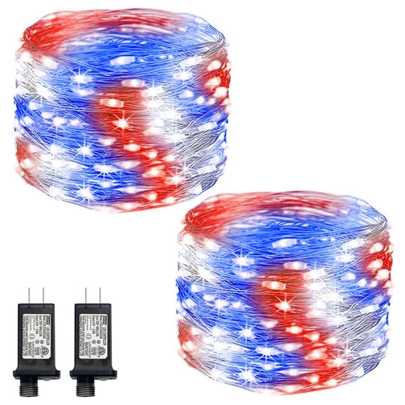 2-Pack 100LED Plug-in Fairy Lights, 33Ft White Red & Blue Twinkle Firefly String Lights with Adapter, Starry Lights for Independence Day Decoration