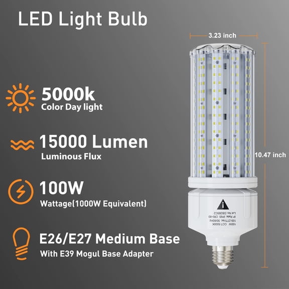 2 Pack 100W  Corn Light Bulb 5000K Daylight 15000 Lumens Super Bright, E26/E39 Base Led Corn Bulbs Replace Metal Halide  CFL for Outdoor Commercial Industrial Lighting Garage Warehouse Backyard