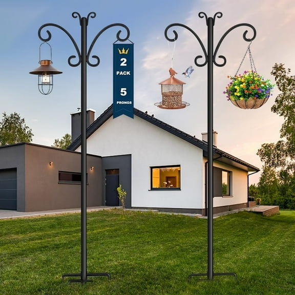 GEVSYUE 2 pack 108-Inch Metal Shepherds Hooks, Heavy-Duty Bird Feeder Poles with 5-Prong Base for Outdoor Garden Use