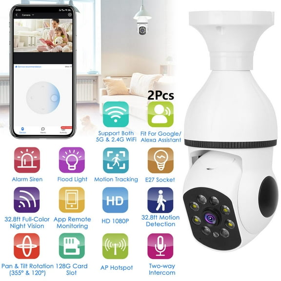 2 Pack 1080P 360° Fully Monitoring Motion Detection Security Camera 2-Way Audio Siren Full Color Night Vision App Control 2.4G/5G WiFi Perfect for Indoor Outdoor Surveillance