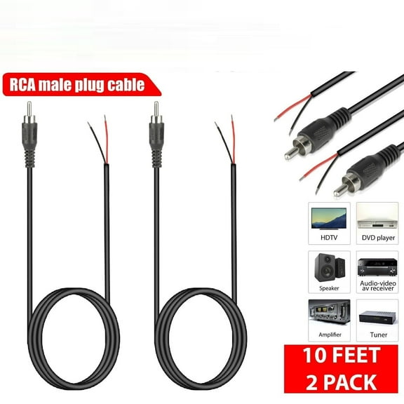 2-Pack 10FT RCA Male Plug to Bare Wire Audio Repair Cable, High Fidelity Replacement for Speaker, Subwoofer, HDTV & Home Theater Systems