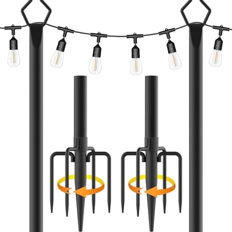 2 Pack 10Ft String Light Poles for Patio, Deck, Backyard and Outdoor, Heavy-Duty Metal Poles with Fork Brackets, Weather-Resistant & Adjustable Height, Easy Installation, Black