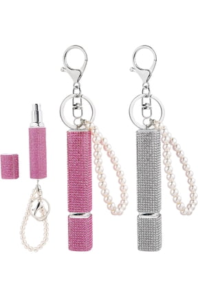 2Pack 10ml Rhinestone Refillable Perfume Spray Bottles, Empty Dispenser with Keychain for Travel, Silver & Purple
