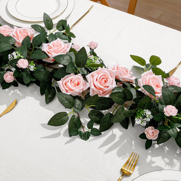 2 Pack 11.2 Ft Artificial Flower Garland with Pink Roses, Realistic Fake Greenery Vines with 17 Roses Flowers for Wedding Table Centerpieces Arch Party Ceremony Backdrop Decor(Pink)