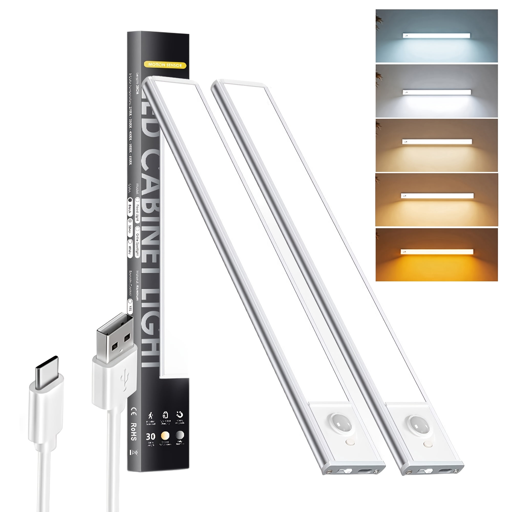2-Pack 11.8'' Under Cabinet Lights, Motion Sensor Closet Lights, USB Rechargeable Wireless Cabinet Lighting, 5 Color Temps Magnetic Light for Kitchen, Pantry