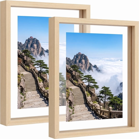 2 Pack 11x14 Floating Frames, Premium Solid Wood Double Plexiglass Photo Frames,Display Photos Pictures Art up to 11x14,Wall or Tabletop Display,Home Office Decor,Natural Wood