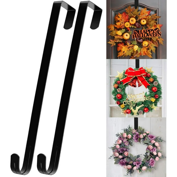 2 Pack 12" / 15" Clear Wreath Hanger for Front Door, Over The Door Hooks, Metal Door Hanger for Front Door Halloween Christmas Easter door decor,Slim Hangers Organizer for Home 