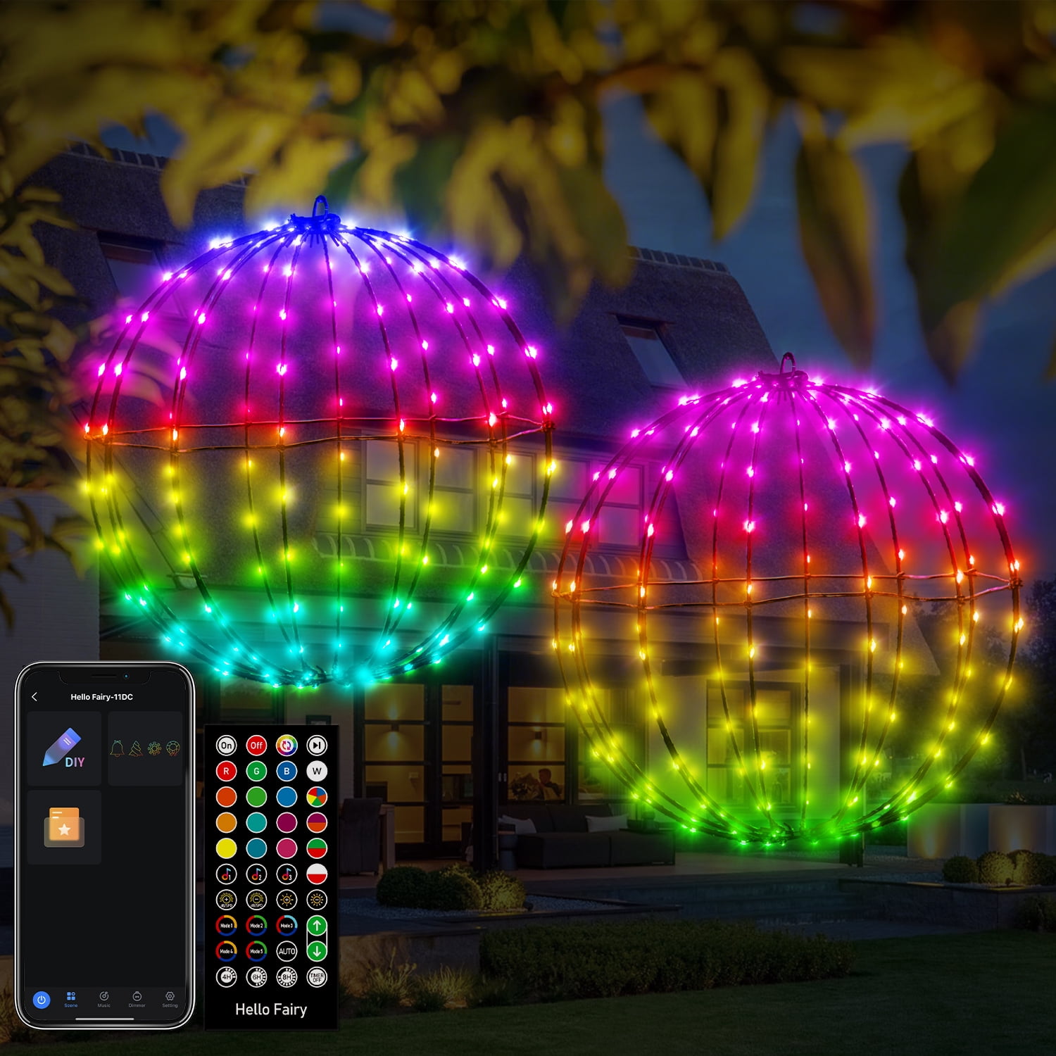 2 Pack 12" Christmas Light Balls Color Changing RGB LED Hanging Smart Light Balls APP Remote Control Timer Dimmable Tree Garden Globe Lights for Outdoor Holiday Decoration