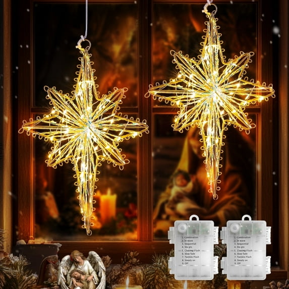 Quntis 3D Bethlehem Star Lights, 60LED Warm White Larger Christmas Tree Topper with Timer, 8 Modes Battery Operated Christmas Window Light Decor for Indoor Outdoor Window Holiday