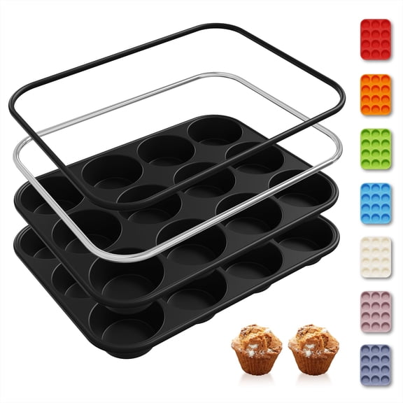 2 Pack 12 Cup Silicone Muffin Pan with Metal Reinforced Frame, Regular Size Silicone Mold Cupcake Cake Baking Pan Biscuit Baking Chocolate Cupcake Mold Baking Homemade Muffin Cupcake Egg Bites
