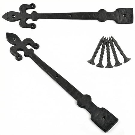 2 Pack 12'' Heavy Duty Decorative Garage Door Hinges Matte Black Powder Coated Dummy Barn Gate Hinges Strap Metal Garage Door Hardware for Barn Gate Cabinet Shutter Shed Fleur De Lis Style