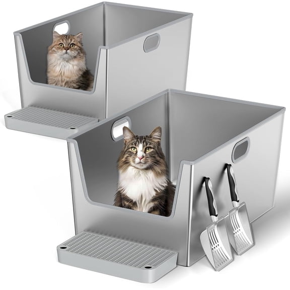 2 Pack 12'' High Sides Stainless Steel Litter Box for Big Cats,XXL Metal Maine Coon Litter Box with Tall Sided Wall,XXXL Deep Litter Boxes with Low Entry for Senior Cats,Never Absorbs Odors