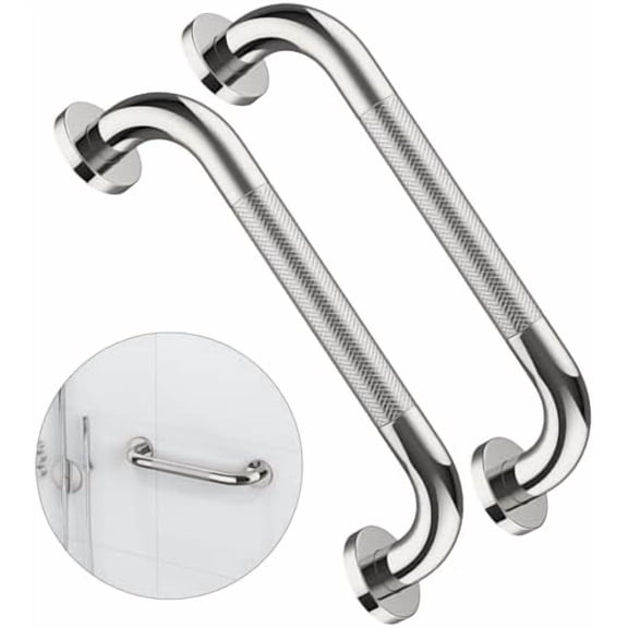 2 Pack 12 Inch Anti Slip Shower Grab Bar Handle, Chrome Stainless Steel Bathroom Grab Bar, Knurled Bathroom Balance Bar,Safety Hand Rail Support,Handicap Elderly Injury Senior Assist Bath Handle