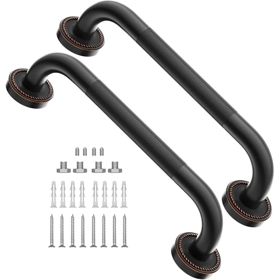 2 Pack 12 Inch Anti Slip Shower Grab Bar Oil Rubbed Black Bronze, Antique Brass Bathroom Grab Bar, Knurled Bath Balance Bar, Safety Handrail Support, Handicap Elderly Senior Assist Bath Handle