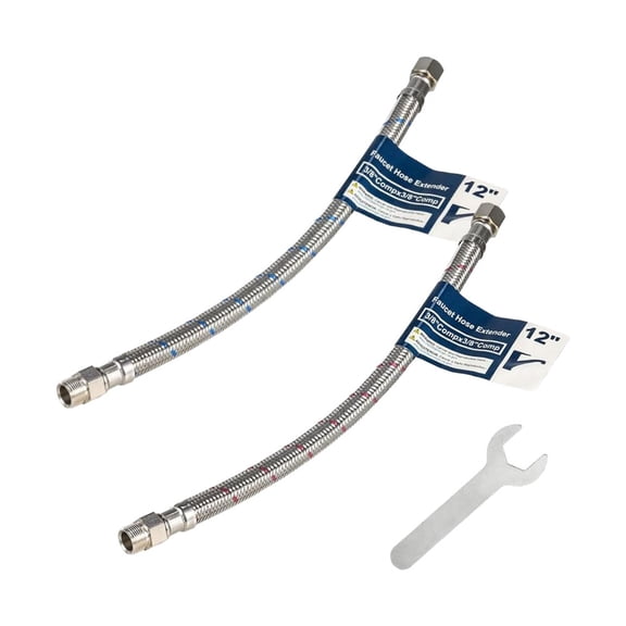Krydros 12" Braided Stainless Steel Faucet Supply Extension, 3/8" Male x 3/8" Female, 2-Pack
