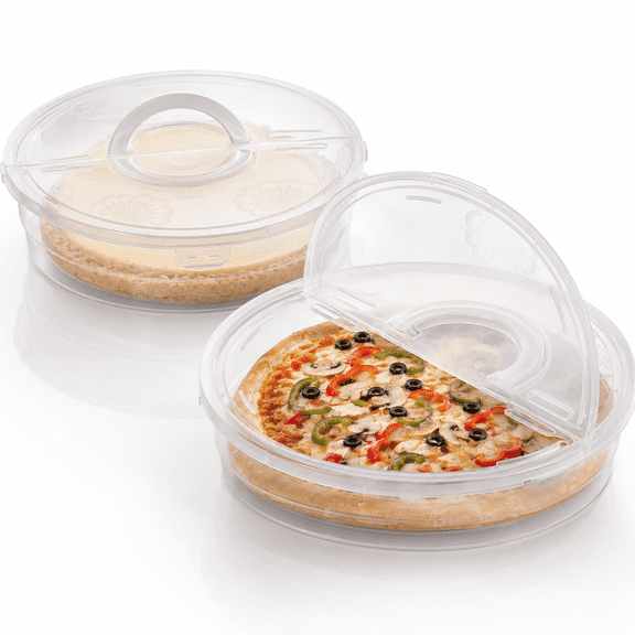 2 Pack 12 Inch Food Storage Container with Lid and Handle,2 Compartments Plastic Pie Carrier Pizza Slice Storage Containers,Reusable Round Pie Keeper Holder for Cake Cheesecake Tortilla