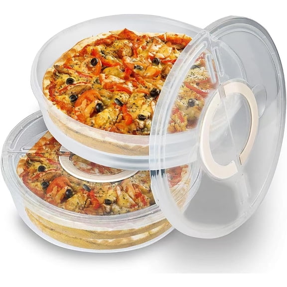 2 Pack 12 Inch Food Storage Containers with Lids and Handles, Reusable 2 Compartment Pizza Slice Carriers, Clear Round Pie and Cake Keeper for Leftovers