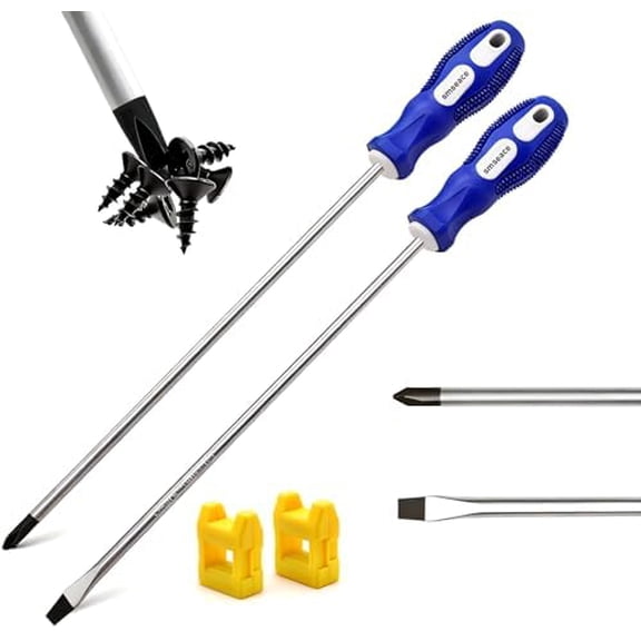 2-Pack 12-Inch Slotted & Phillips Screwdriver Set, Long Flat Blade & Cross-Head Design, Magnetic Extended Screwdriver With Rubber Handle