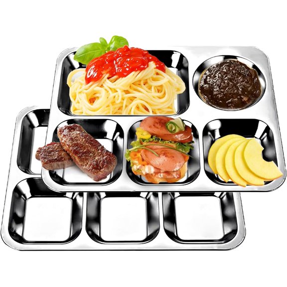 2 Pack 12 Inch Stainless Steel Rectangular Divided Plates 5 Sections Dinner Trays for Adults Picky Eaters Campers Portion Control
