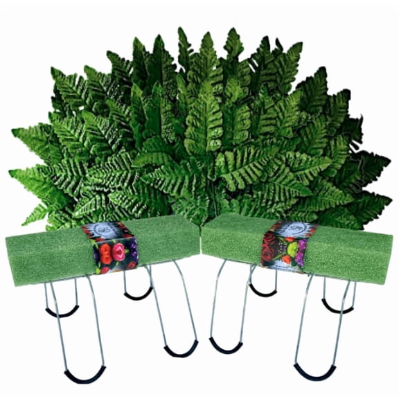 2 Pack 12 Inch Wire Headstone Saddle with Foam Attached -24 Stems Artificial Leather Leaf Fern -Rustproof Galvanized Cemetery Gravestone Saddle