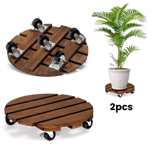 IdleHippo 2-Pack 12-Inch Wooden Plant Caddies with 360° Lockable Wheels, Rolling Pot Stands, Up to 170 lbs Each