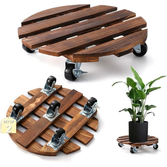 2-Pack Wooden Plant Caddy with Lockable Wheels, 12-Inch Pine Wood Rolling Plant Stand, 170 lbs Capacity, 360° Swivel, Indoor Outdoor Pot Stand