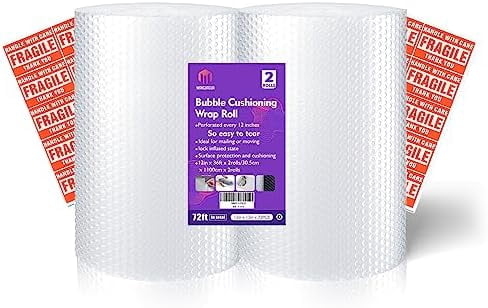 2 Pack 12 Inch x 72 Feet Total Bubble Packing Wrap for Moving Boxes Shipping Cushioning Roll Supplies Perforated Every 12”
