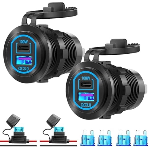2 Pack 12 Volt USB Outlet PD 100W USB C and QC3.0 18W Port Aluminum Car Charger Socket for Laptops Tablets Phones, Cigarette Lighter Replacement Car Accessories DIY for RV Camper Truck Boat Golf