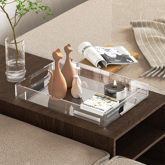 2 Pack 12"x17" Acrylic Serving Tray with Handle-Clear Acrylic Trays for Serving Food -6mm Thick Large Outdoor Lucite Tray-Stackable Makeup Organizer(12X17X2.4, 11.2X16.2X2.4)