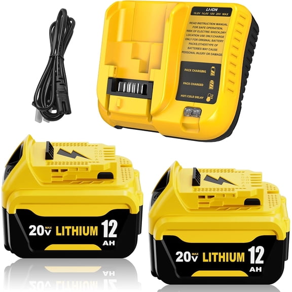2 Pack 12000mAh DCB206 DCB207 Replacement for Dewelt 20V MAX Battery 12.0Ah and Charger Combo 20V Battery Lithium DCB204 DCB200 DCB201 DCB203