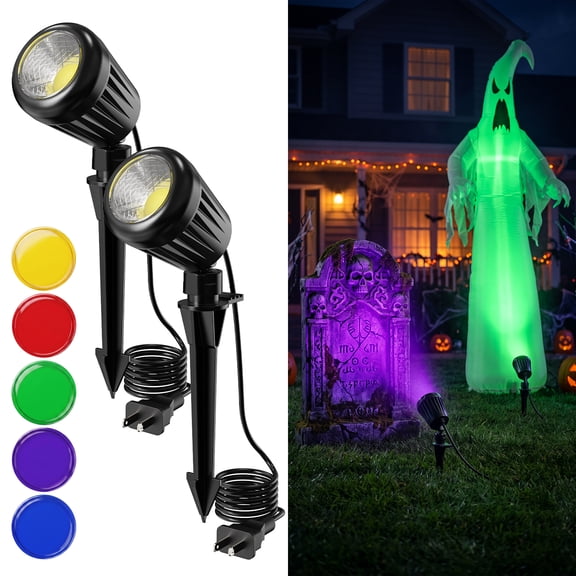 Yinghao 120V 2 pack Black Shell Spotlight with RGB Len for Halloween Decor, IP65 Waterproof Colorful Spot Light for Skeleton, Tombstone, Wreath, Plant