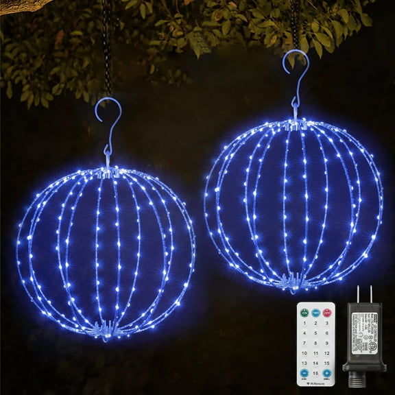 2 Pack 12INCH Outdoor/Indoor LED Christmas Light Ball,Foldable Metal Sphere Lights, Connectable Waterproof 16 Modes with Timer, Hanging Tree Globe Lights for Holiday Christmas Decorations (BULE)