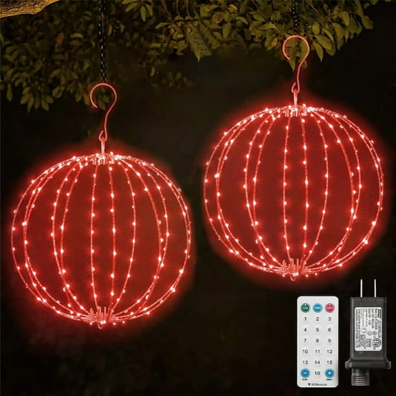 2 Pack 12INCH Outdoor/Indoor LED Christmas Light Ball,Foldable Metal Sphere Lights, Connectable Waterproof 16 Modes with Timer, Hanging Tree Globe Lights for Holiday Christmas Decorations (RED)