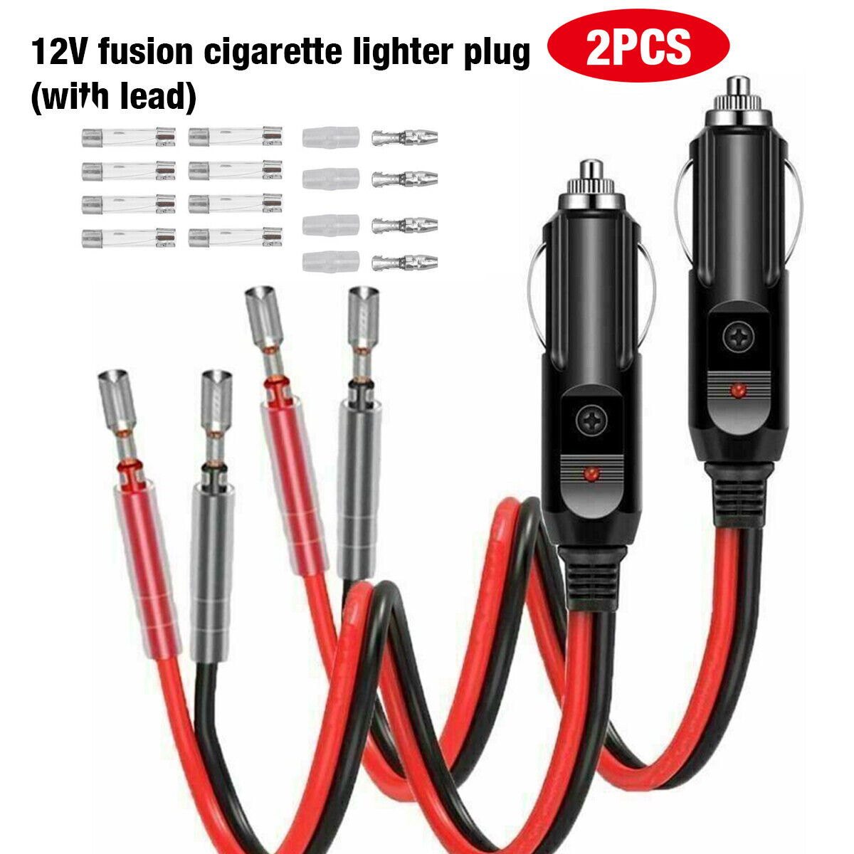 2 Pack 12V Cigarette Fused Lighter Male Plug with Leads LED Light
