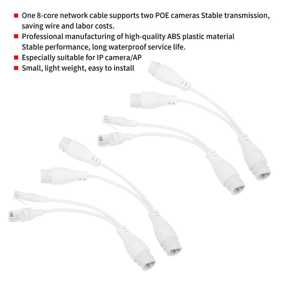 2-Pack 12V DC POE Splitter Adapter with Rainproof Cover, 10/100Mbps RJ45 Network Cable for IP Camera & AP, IEEE802.3af Compatible, ABS Plastic