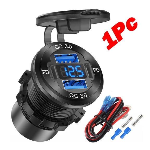 2-Pack 12V USB Outlet Aluminum Charger, 4-Port 78W Total (2 PD 30W + 2 QC 18W) With LED Voltmeter, Waterproof Marine Grade USB Socket For Boat, RV, Motorcycle, Car, ATV