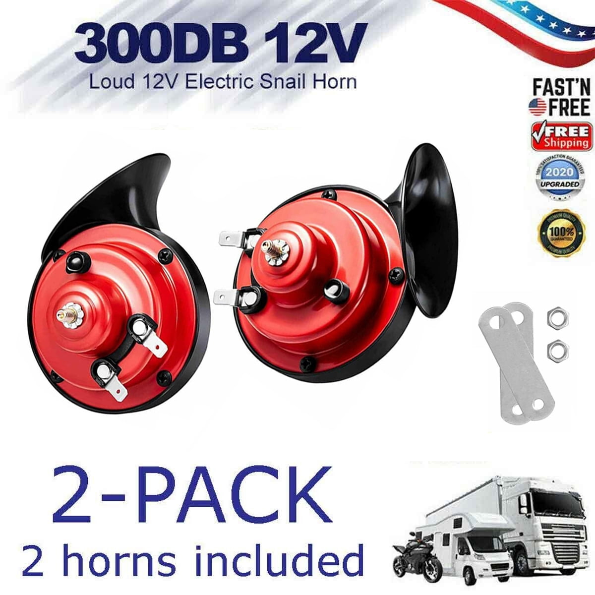 2 Pack 12V Universal 300DB Super Loud Snail Air Horn Motorcycle