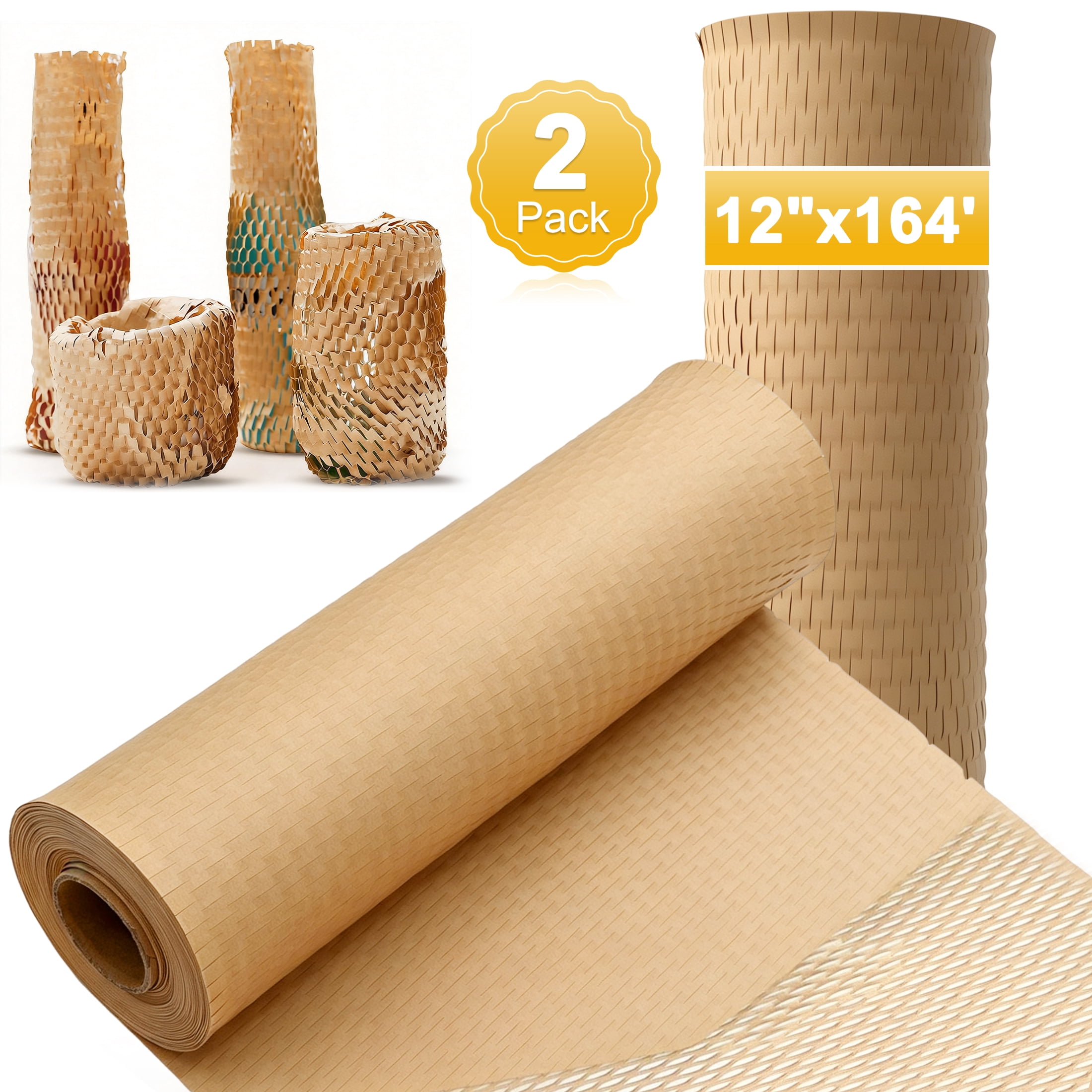 2 Pack Honeycomb Packing Paper, 12" x 164' Honeycomb Wrapping Paper Roll, Stretchable Cushioning Wrap, Protective Packaging Paper, Shipping Buffer Paper for Fragile Items Moving Shipping