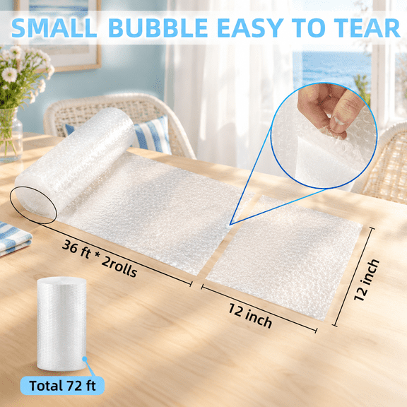 2 Pack-12inchx72ft Total 3/16" Air Bubble Cushioning Wrap Roll For Protection Packaging Mailers Nylon Rolls Moving Supplies Movin