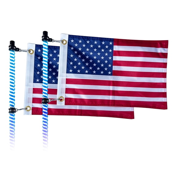 2 Pack 12x18 inch double-sided USA offroad whip flags. Waterproof fade-resistant fabric with brass grommets. Works for whip lights, antenna poles, ATV, UTV, Polaris RZR, Can-Am, SXS and boats.