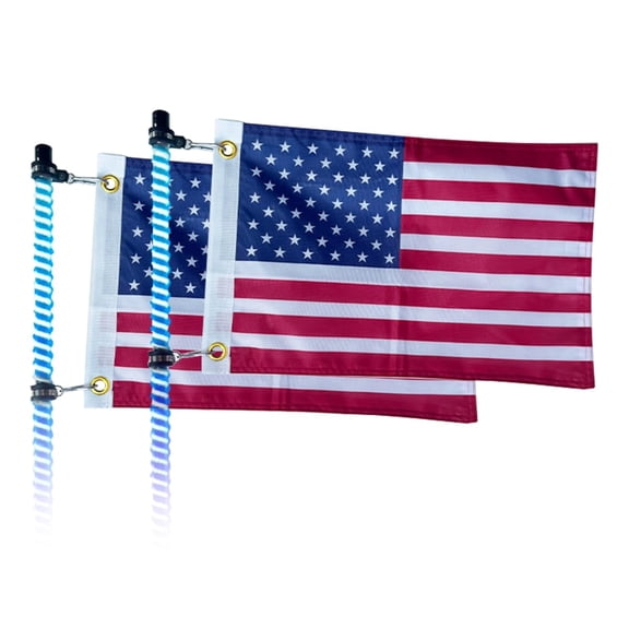 2 Pack 12x18 inch double-sided USA offroad whip flags. Waterproof fade-resistant fabric with brass grommets. Works for whip lights, antenna poles, ATV, UTV, Polaris RZR, Can-Am, SXS and boats.