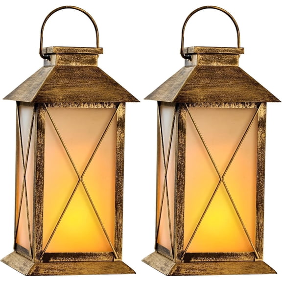 2 Pack 13 Inch Outdoor Waterproof Solar Lantern with Flickering Flame Effect Glass and Metal Hanging Design Bronze Cross Style