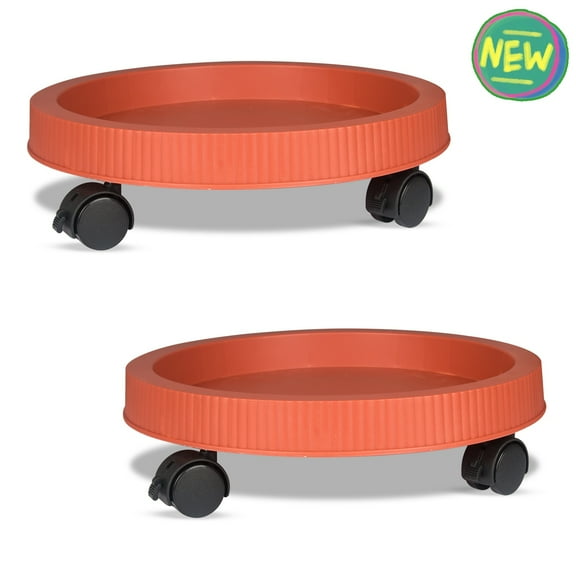 2 Pack 13 Inch Rolling Plant Caddy with Wheels, Heavy Duty Plastic Plant Dolly Stand for Indoor Outdoor Potted Plants, Red
