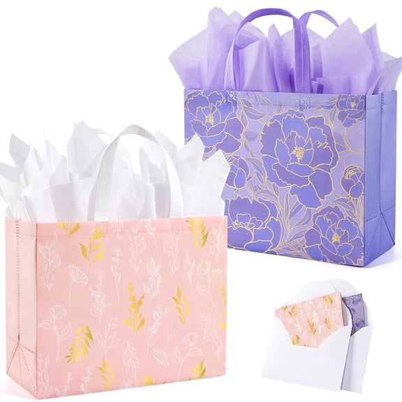 2 Pack 13" Large Gift Bags Set with Greeting Card and Tissue Paper, Reusable Non-Woven Gift Wrap Bags with Handle for Presents of Any Birthday, Weddings, Mothers Day & Special Moments